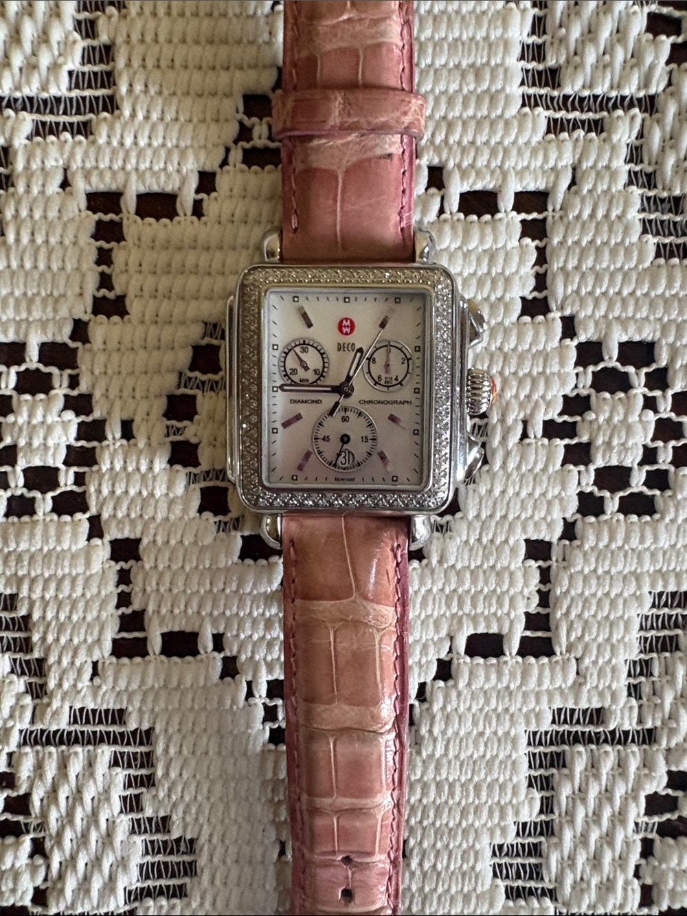 Michele Deco Diamond Chronograph with Pink Alligator Strap